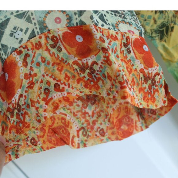 Coldwater Creek Top 100% Silk Blouse Faux Wrap Womens M Orange Green Boho 70's - Picture 4 of 8